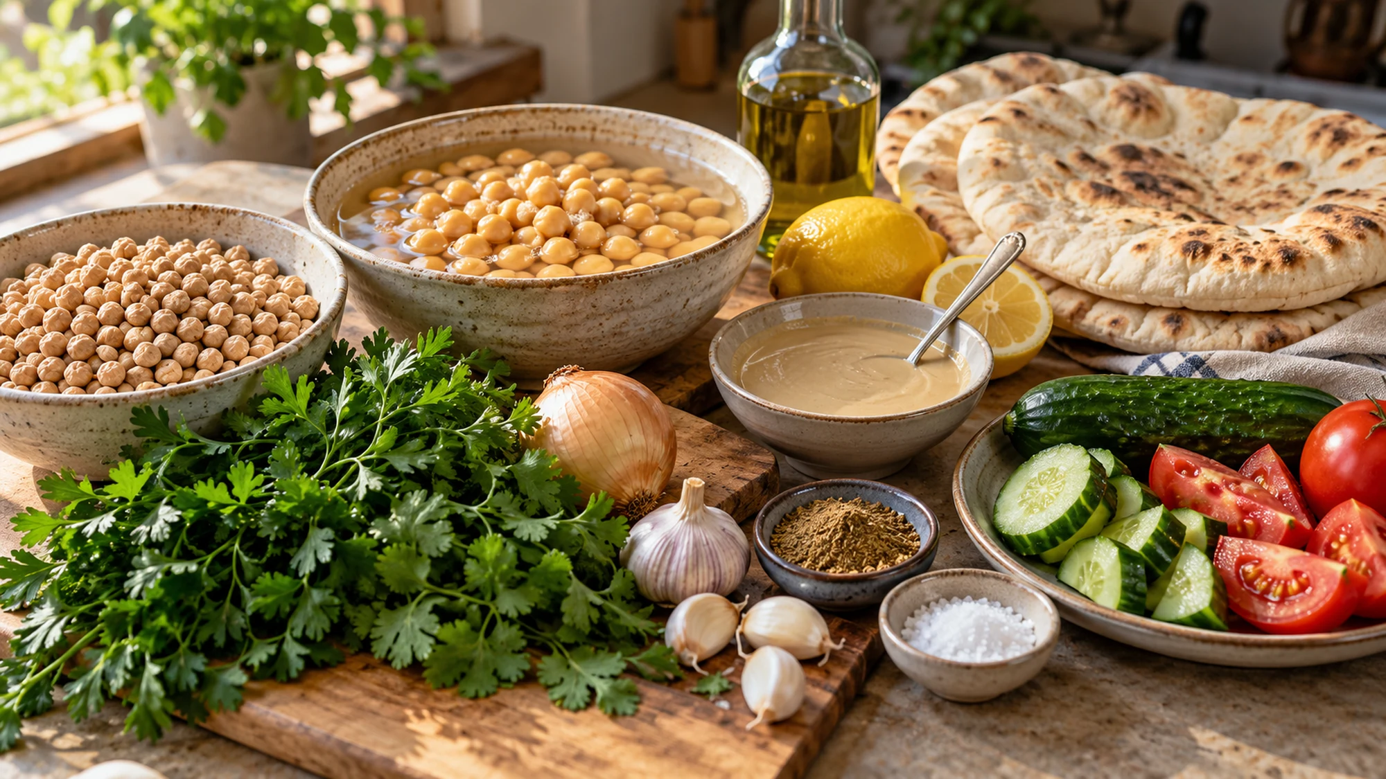 Dried and soaked chickpeas, herbs, pita and tahini for falafel smash pita