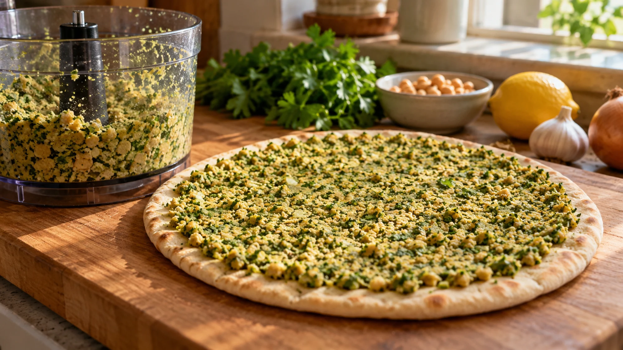 Thin chickpea and herb mixture spread directly onto falafel smash pita