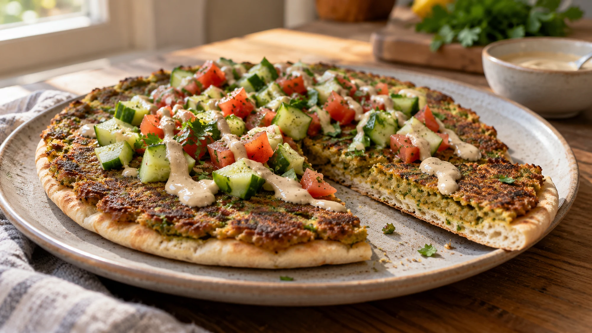 Falafel smash pita cut to show its thin cooked chickpea layer