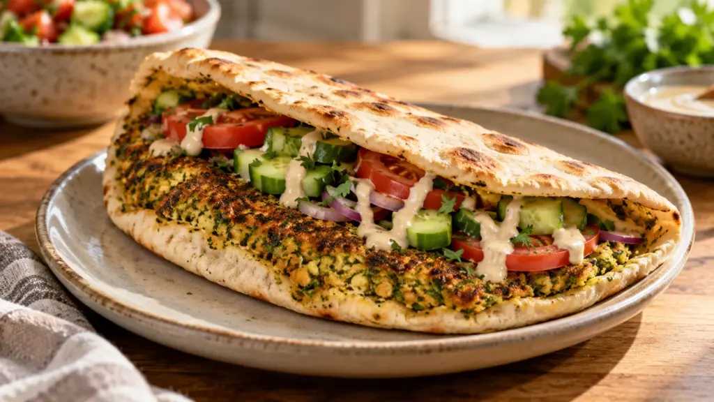 Falafel smash pita with a thin herb crust, cucumber and tomato