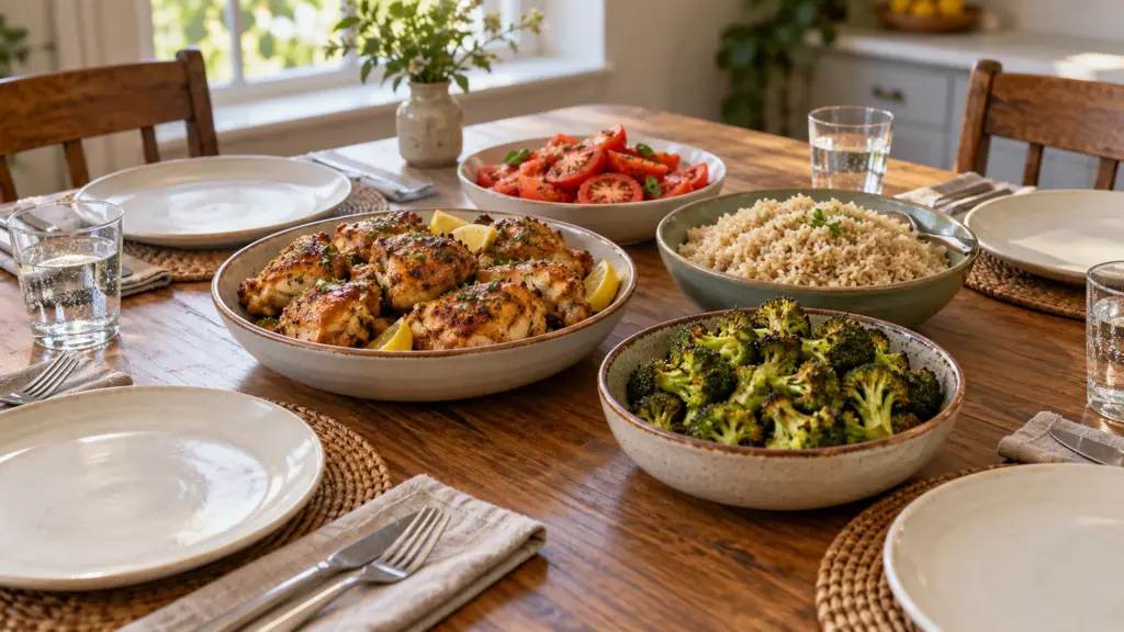 Chicken, rice and vegetables served separately for family meal plans