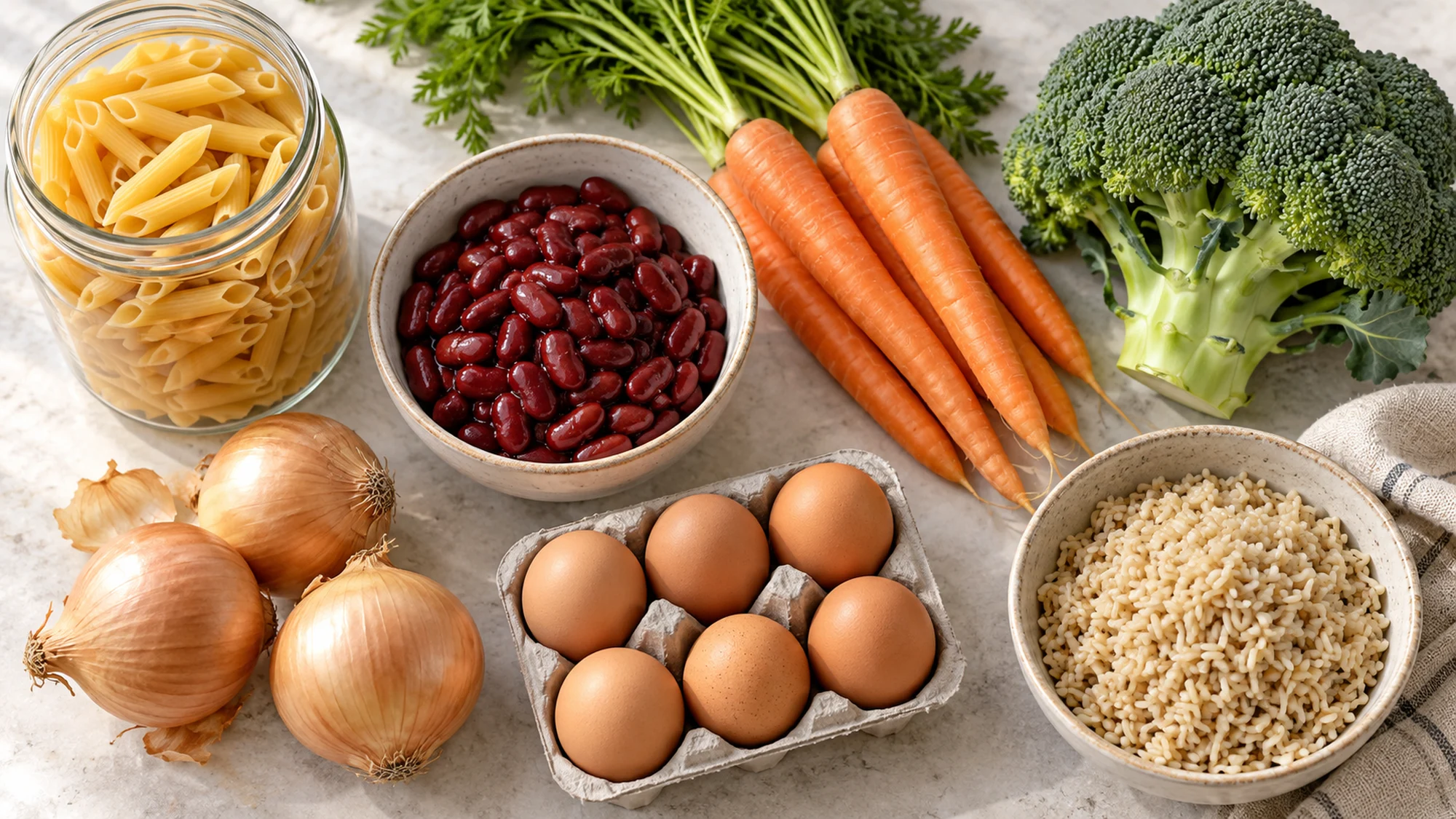 Pasta, beans, eggs and vegetables arranged for family meal plans