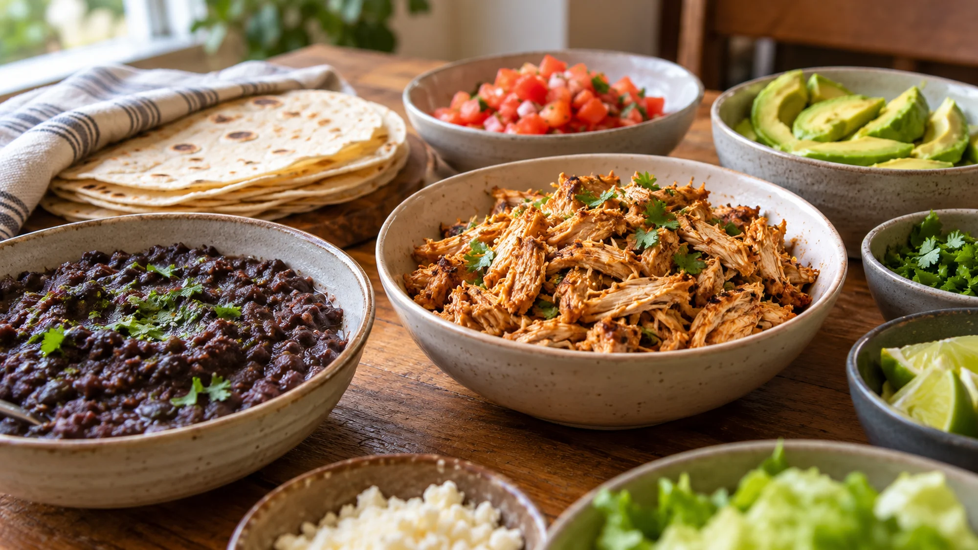 Chicken and bean taco components for flexible family meal plans