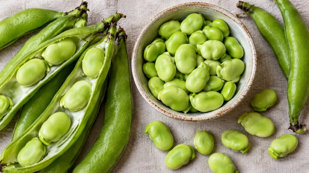 Fresh fava beans in pods beside a bowl of shelled beans