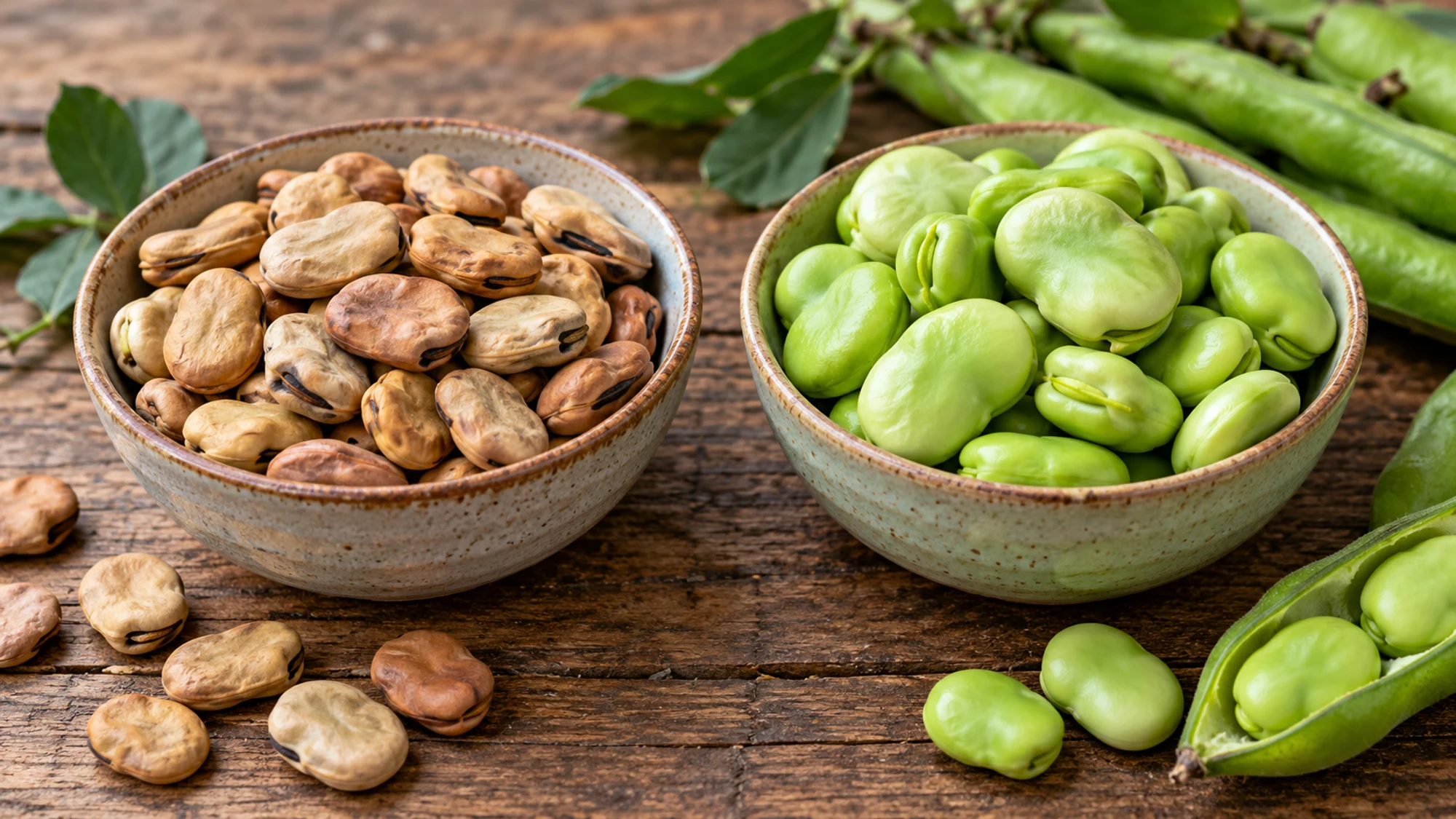 Dried and fresh fava beans in separate bowls