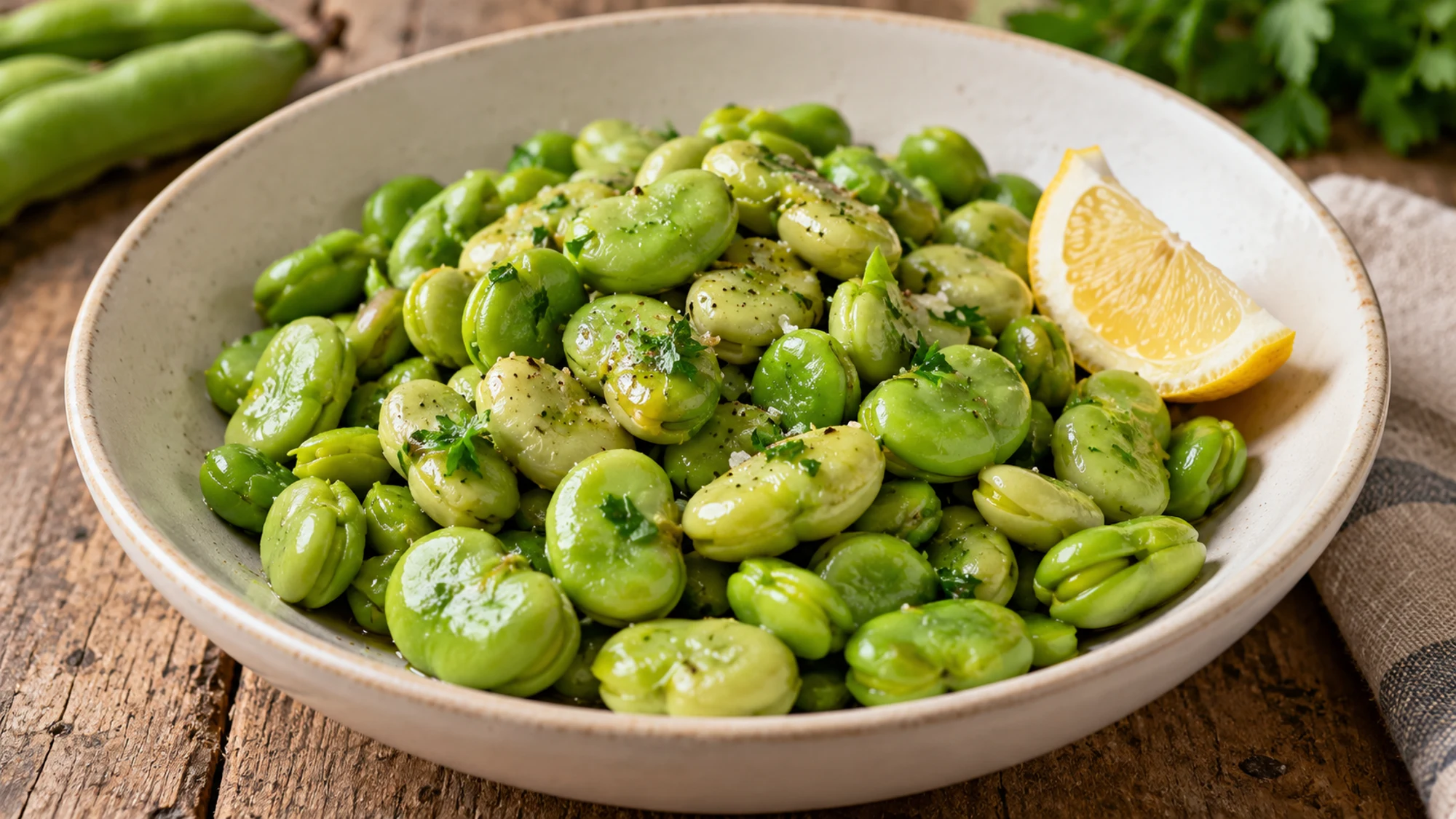 Cooked fava beans with lemon and herbs