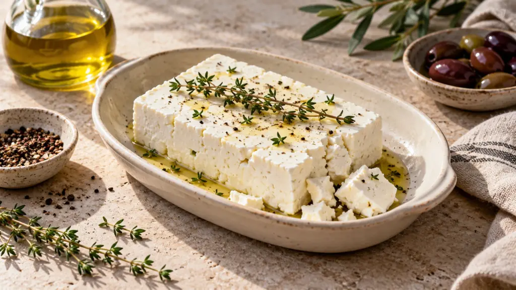 Feta cheese block with thyme and olive oil in a ceramic dish