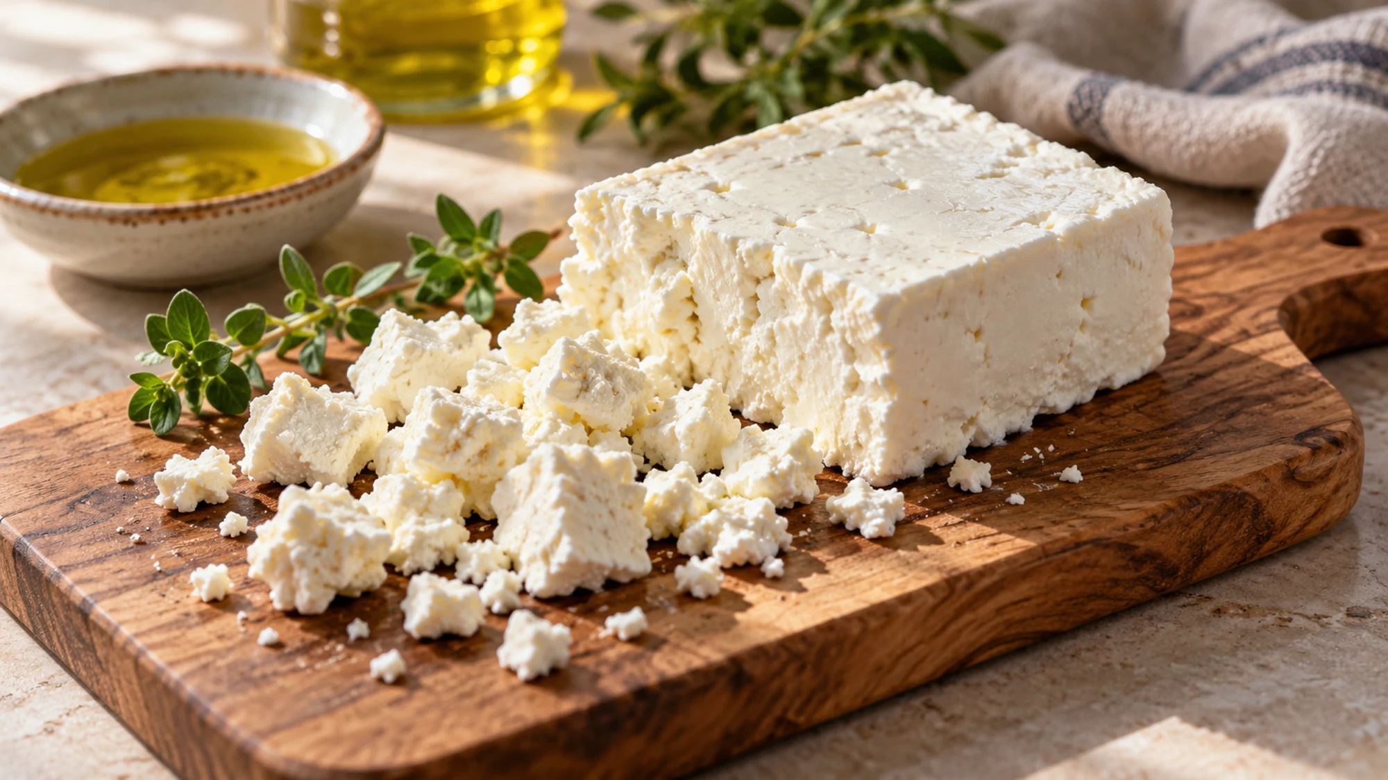 Feta cheese crumbles beside a whole block on a wooden board