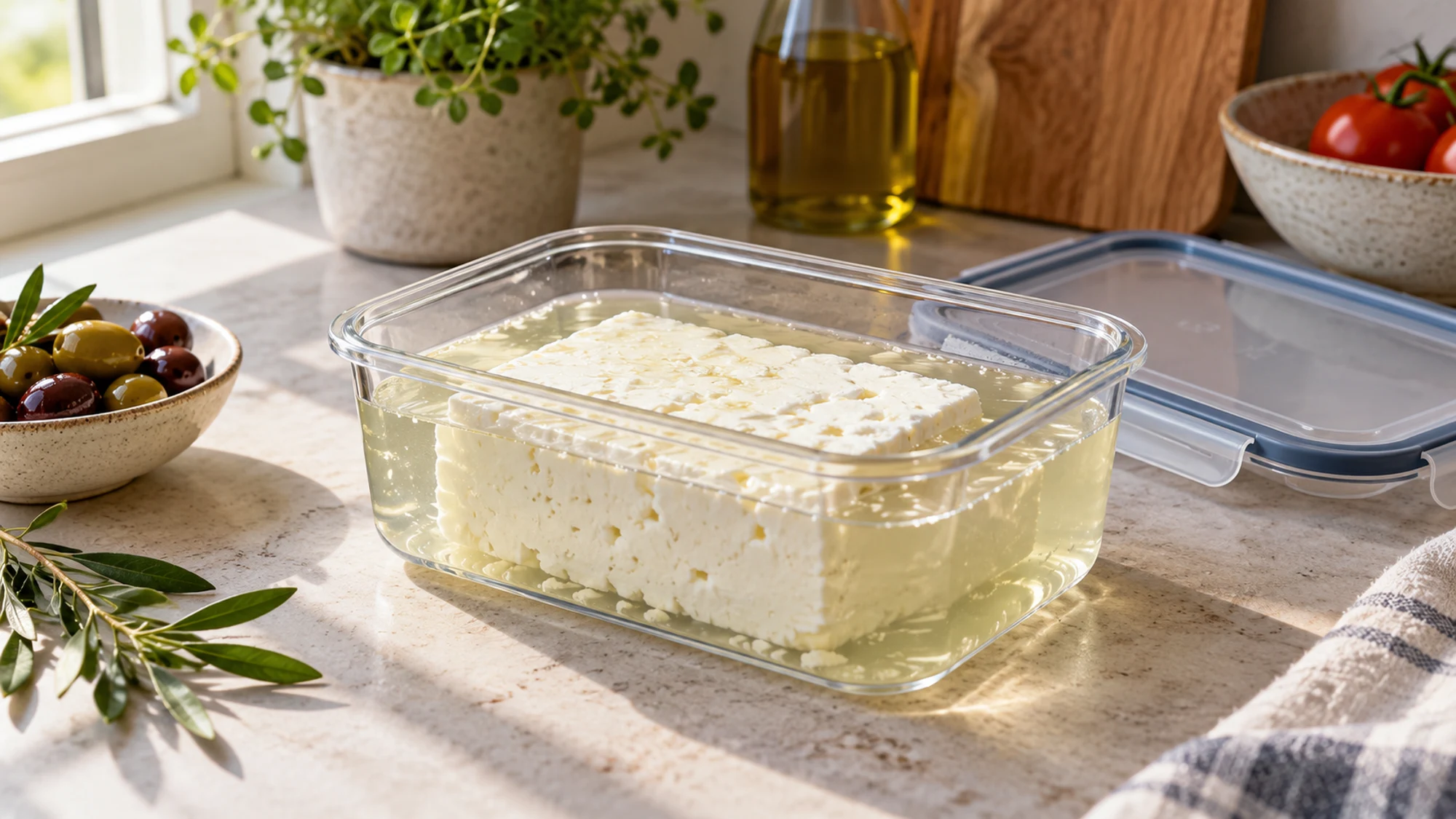 Feta cheese stored in brine in a covered food container