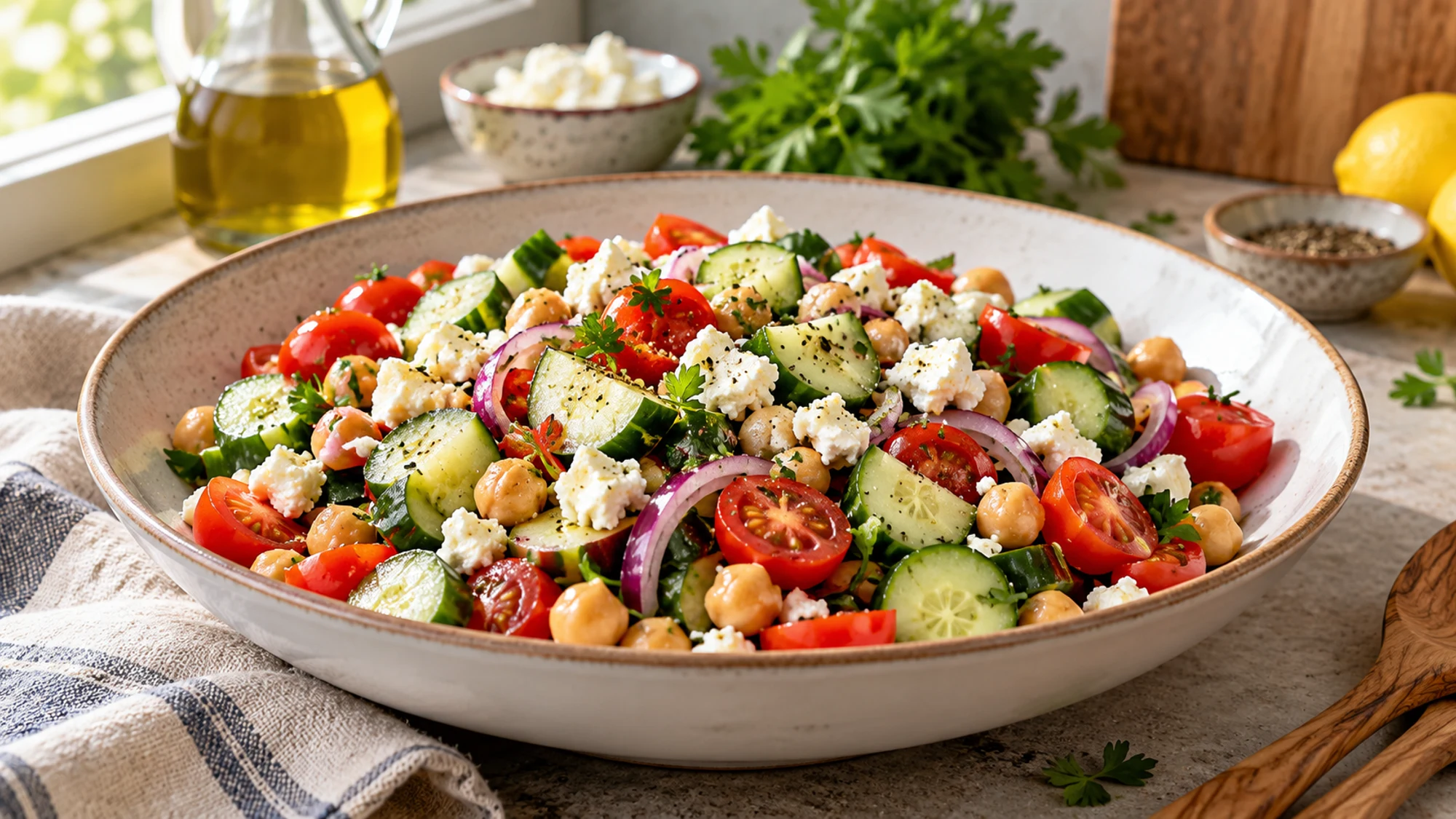 Feta cheese crumbled over cucumber, tomato, and chickpea salad