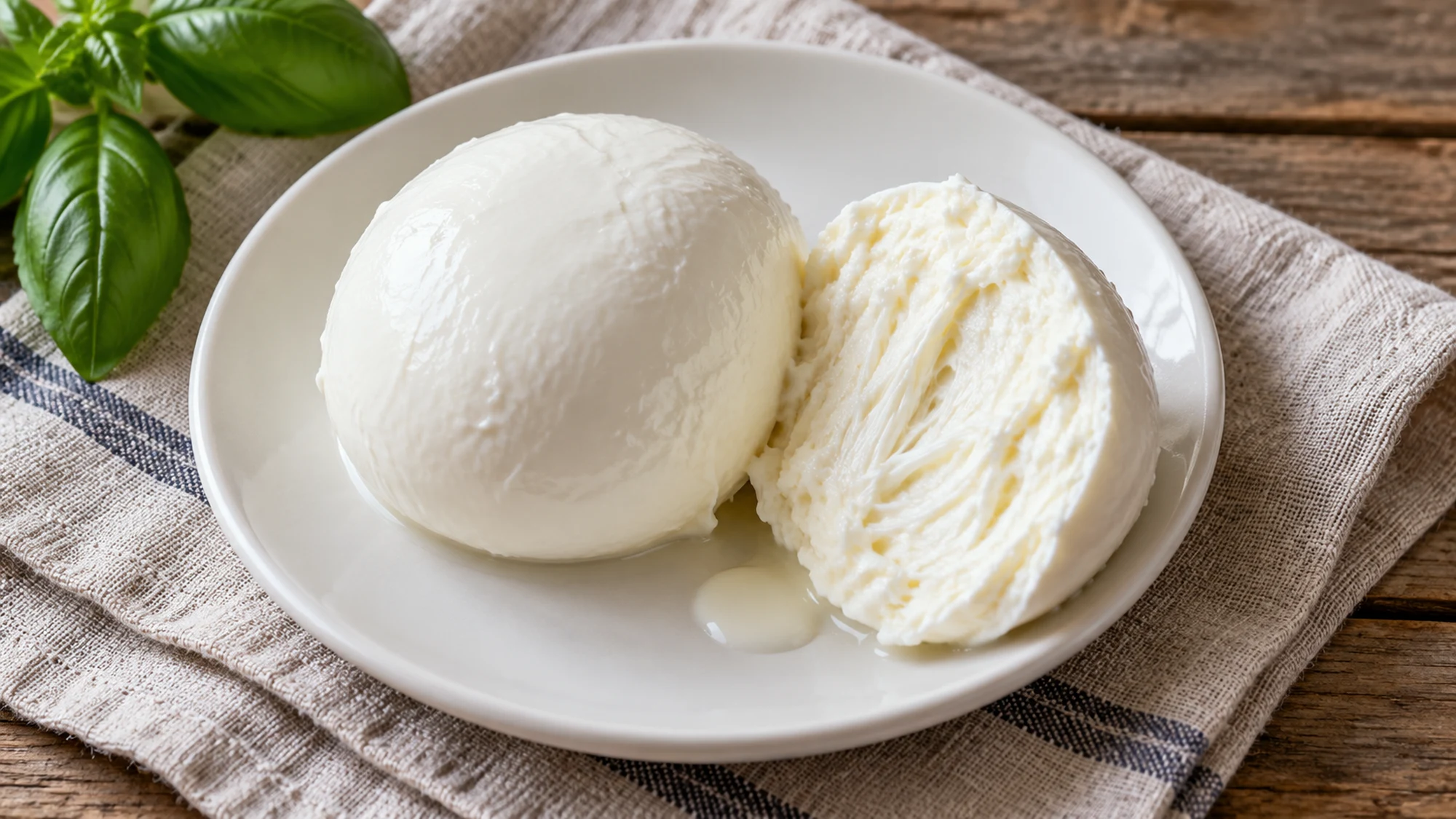 Whole and halved fior di latte mozzarella showing its moist layered interior