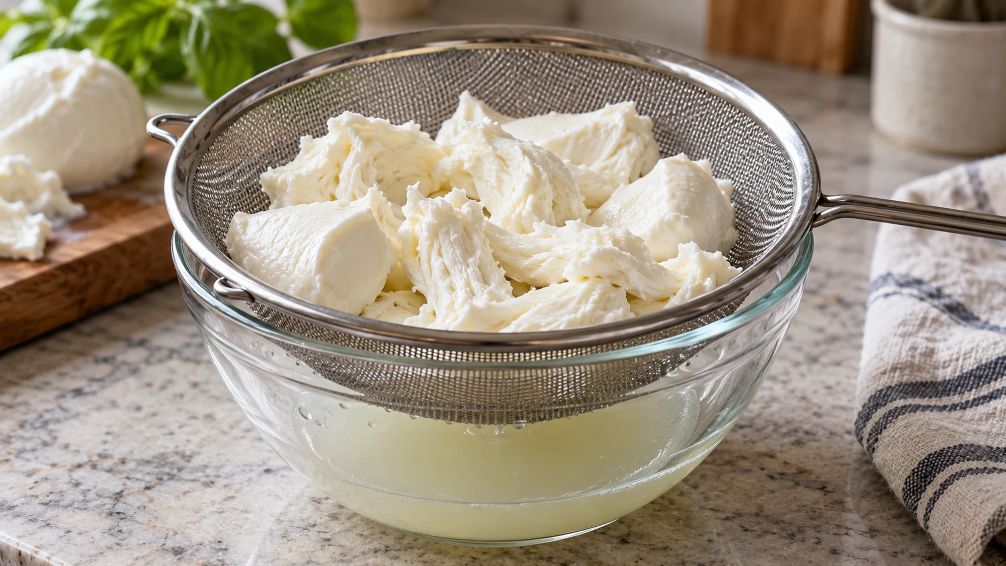 Pieces of fior di latte mozzarella draining in a strainer above a glass bowl