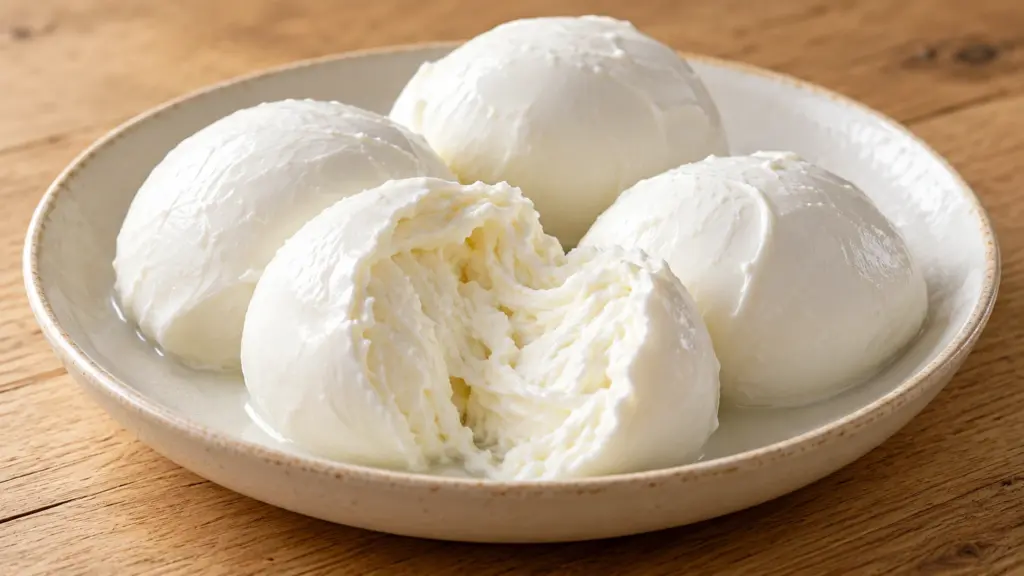 Fresh fior di latte mozzarella balls with one torn open in a ceramic dish