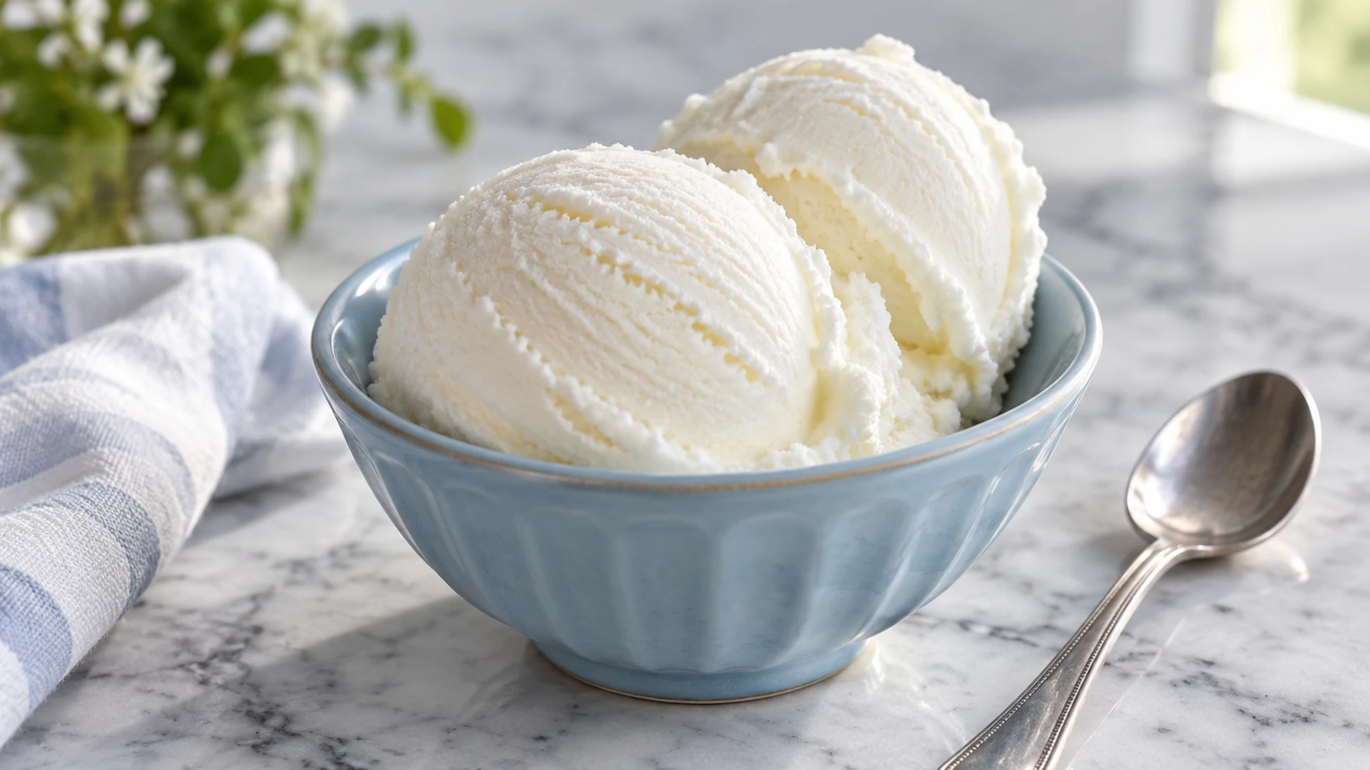 Two scoops of white fior di latte milk gelato in a pale blue bowl