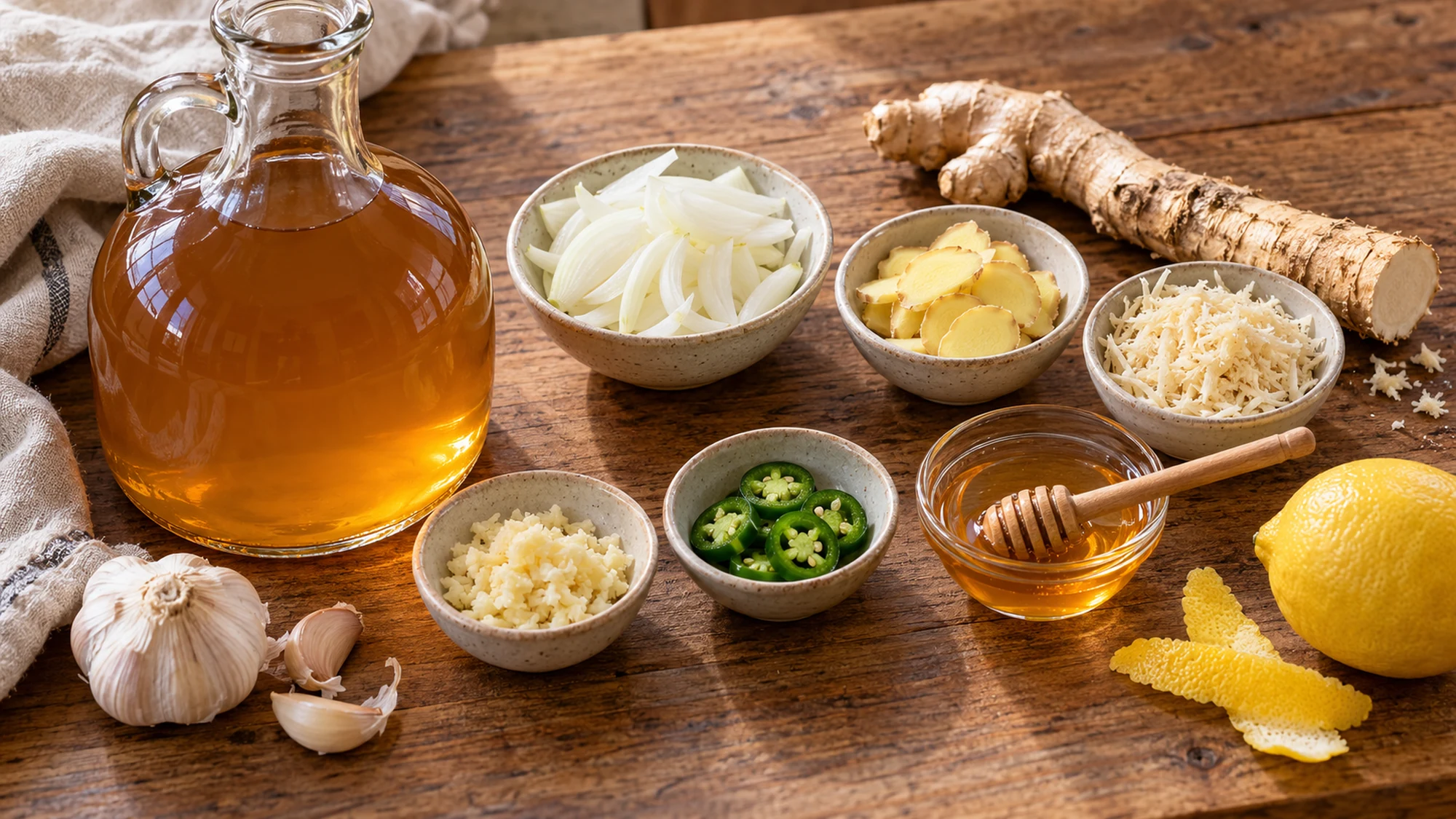 Vinegar, roots, onion, garlic, jalapeño, lemon peel and honey for fire cider