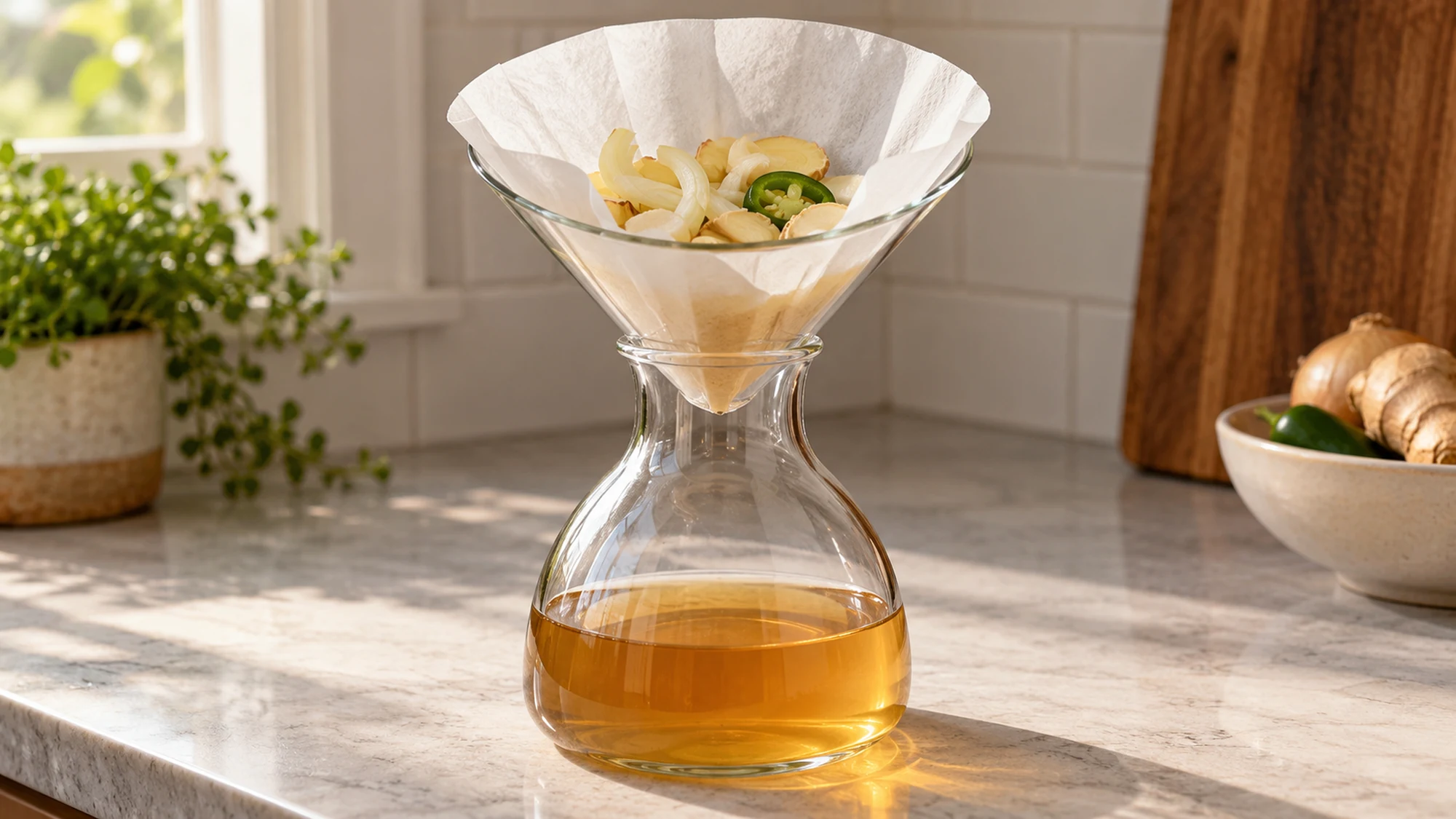 Fire cider filtered through a paper-lined funnel into a clean glass carafe