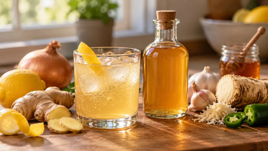 Fire cider concentrate beside a diluted drink with ice and lemon peel