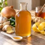 Strained amber fire cider concentrate in an unlabeled glass bottle