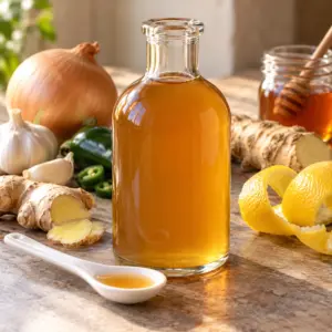 Strained amber fire cider concentrate in an unlabeled glass bottle