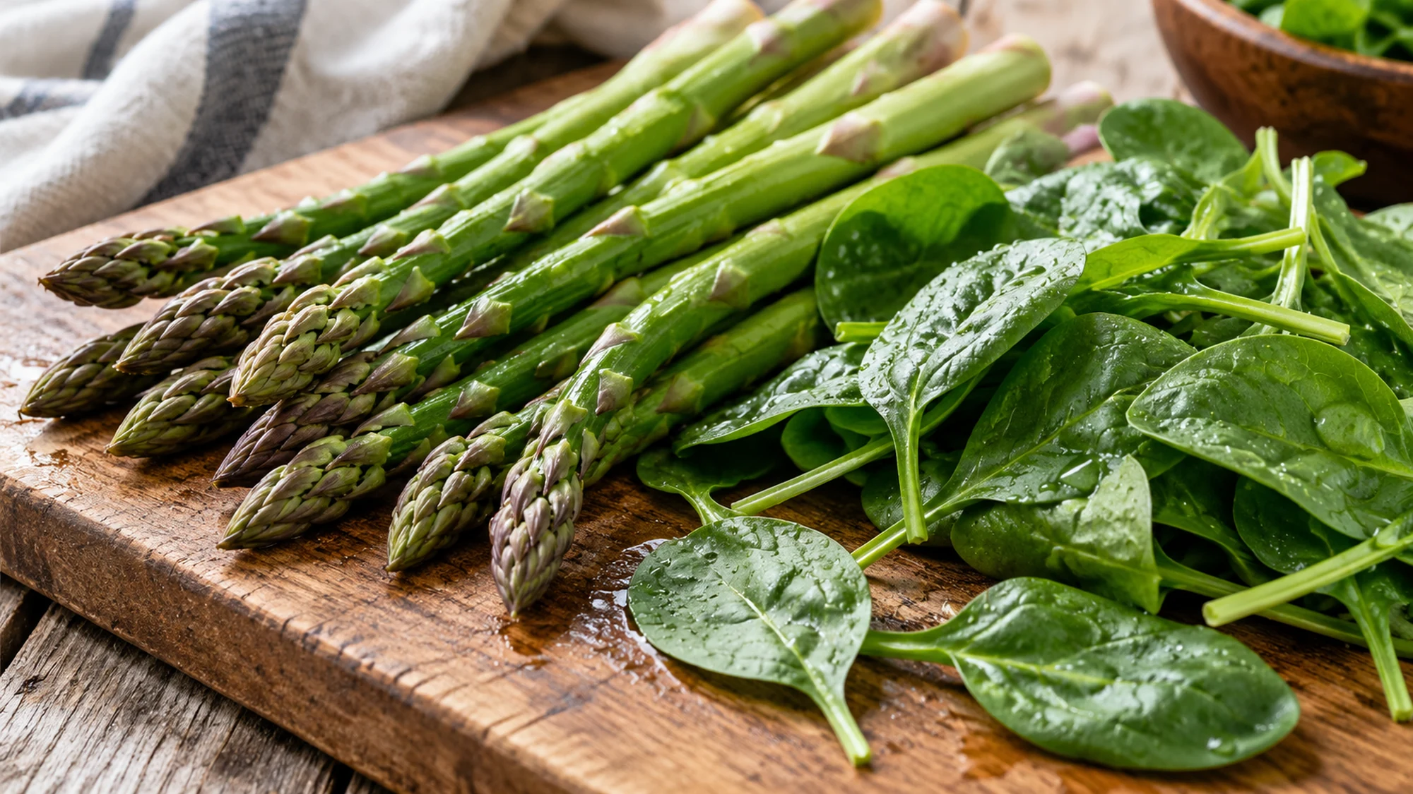 Fresh asparagus and spinach on a cutting board