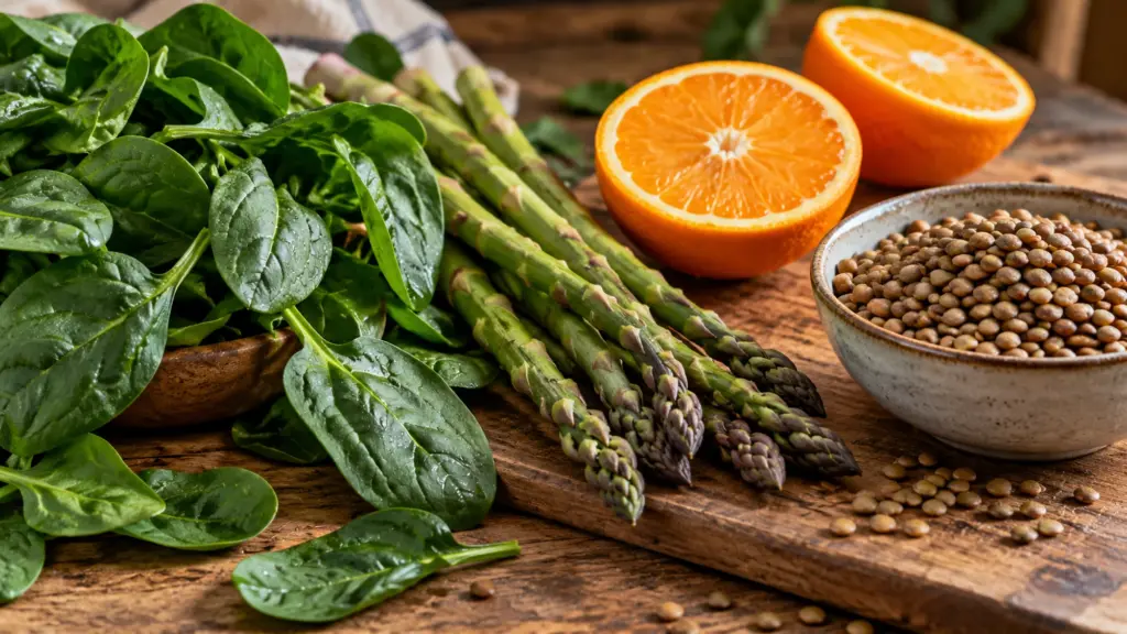 Spinach, asparagus, oranges and lentils that provide folate