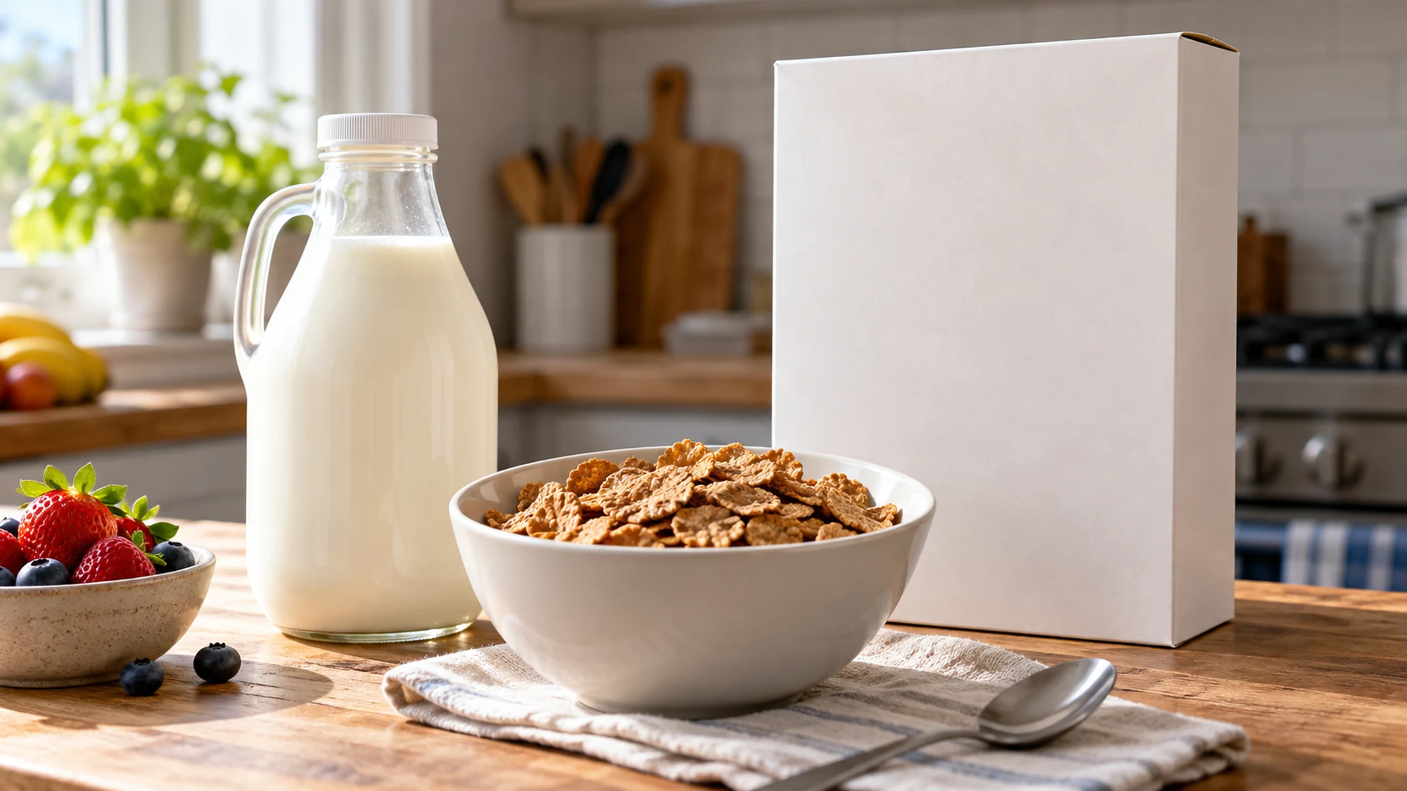 Breakfast cereal beside an unbranded box and milk jug