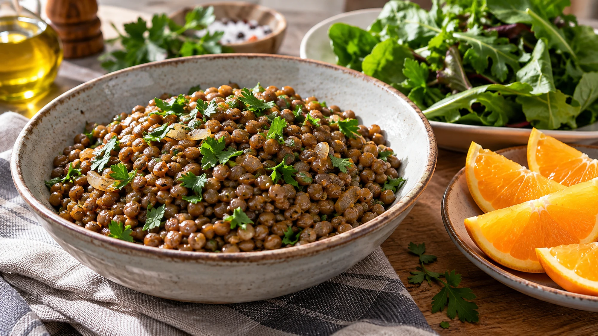 Cooked lentils with orange slices and leafy greens