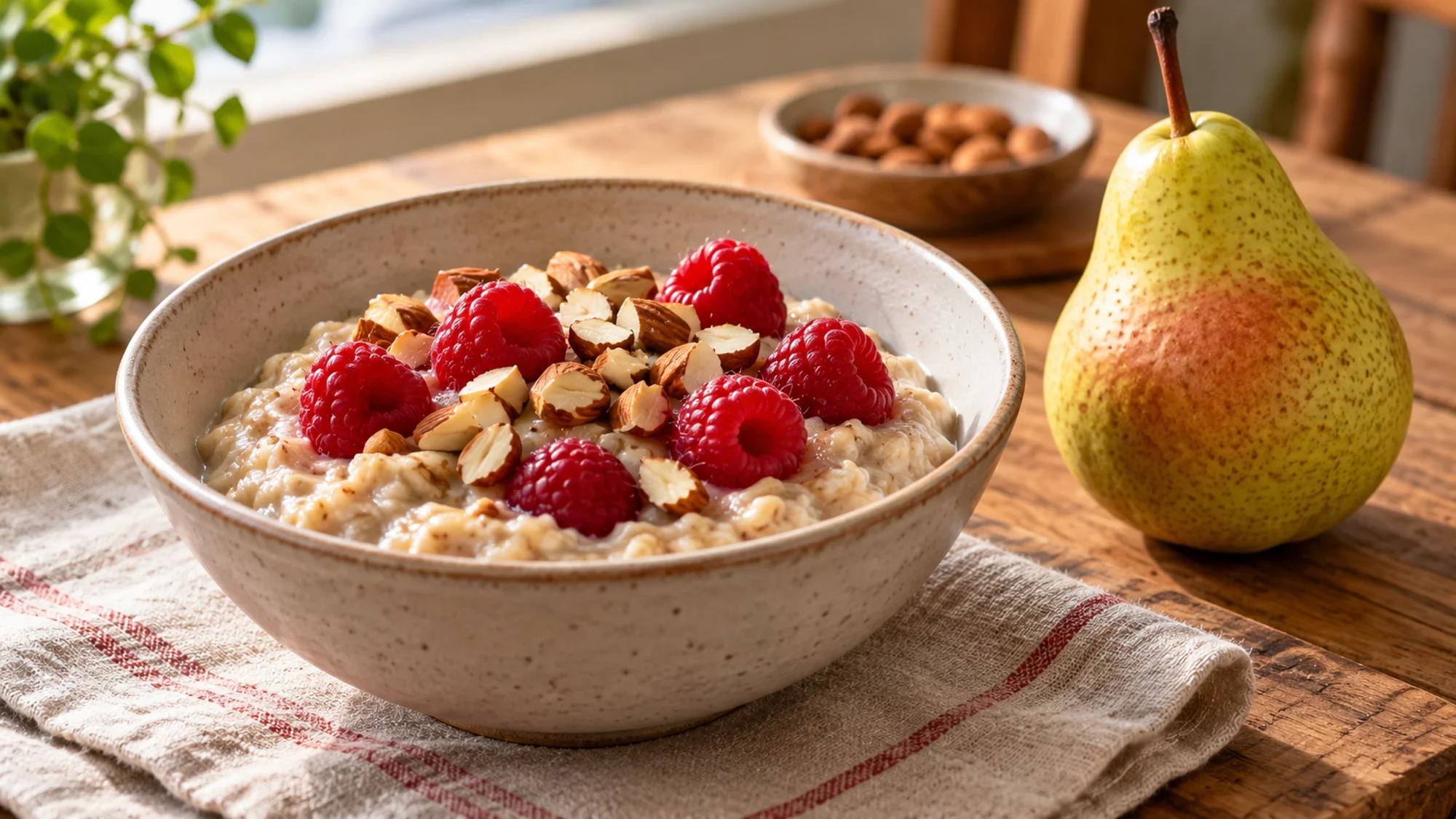 Oatmeal topped with raspberries and almonds beside a pear