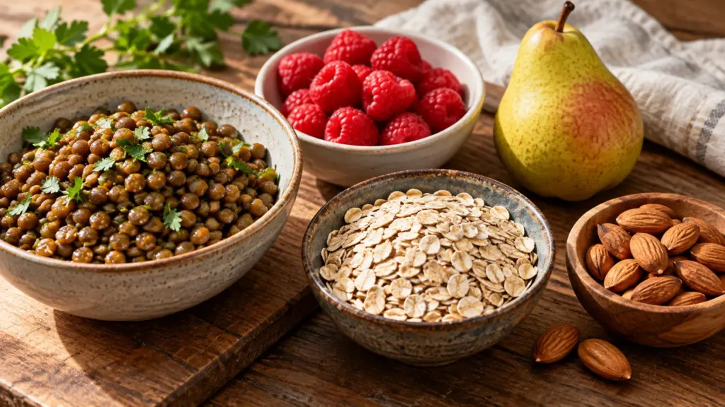 Lentils, raspberries, pear, oats and almonds as examples of foods with high in fiber