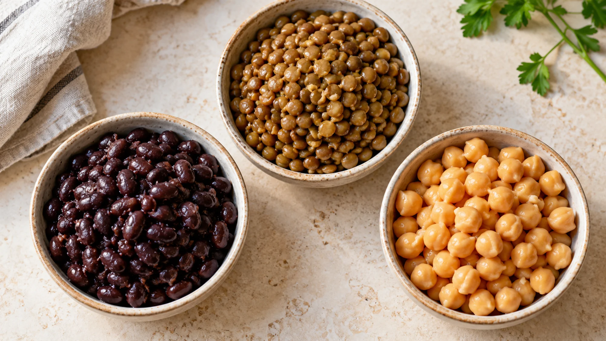 Cooked black beans, lentils and chickpeas in separate bowls