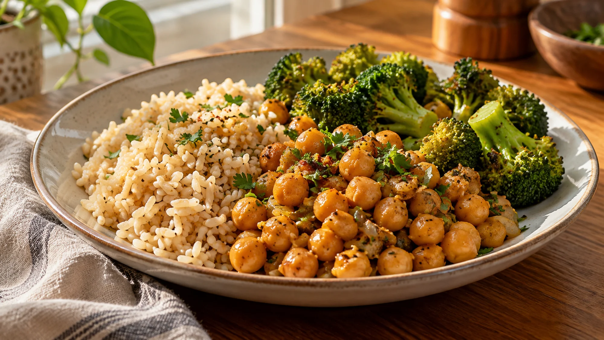Brown rice, chickpeas and broccoli on a dinner plate
