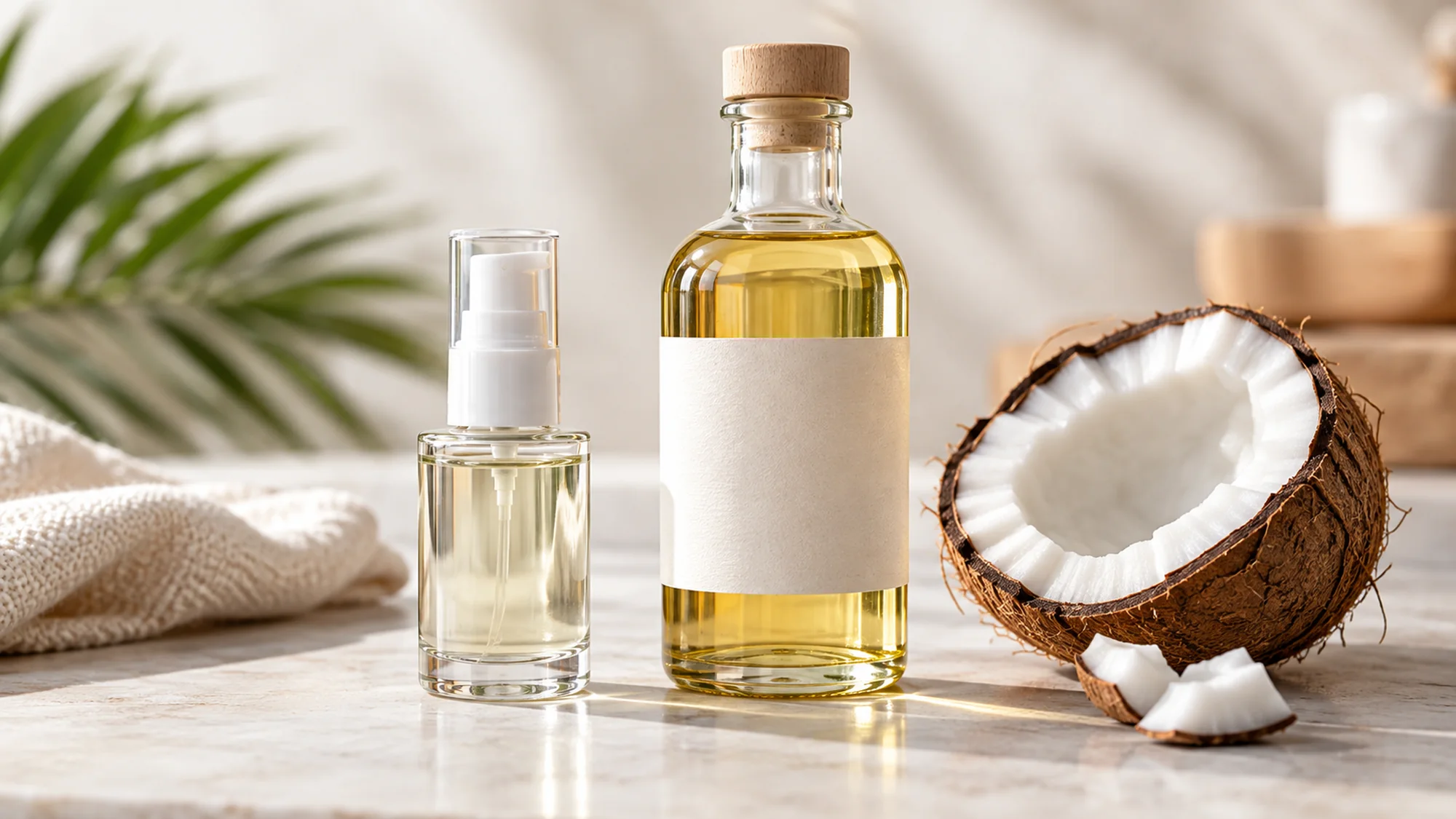 Small cosmetic pump bottle beside a larger culinary oil bottle