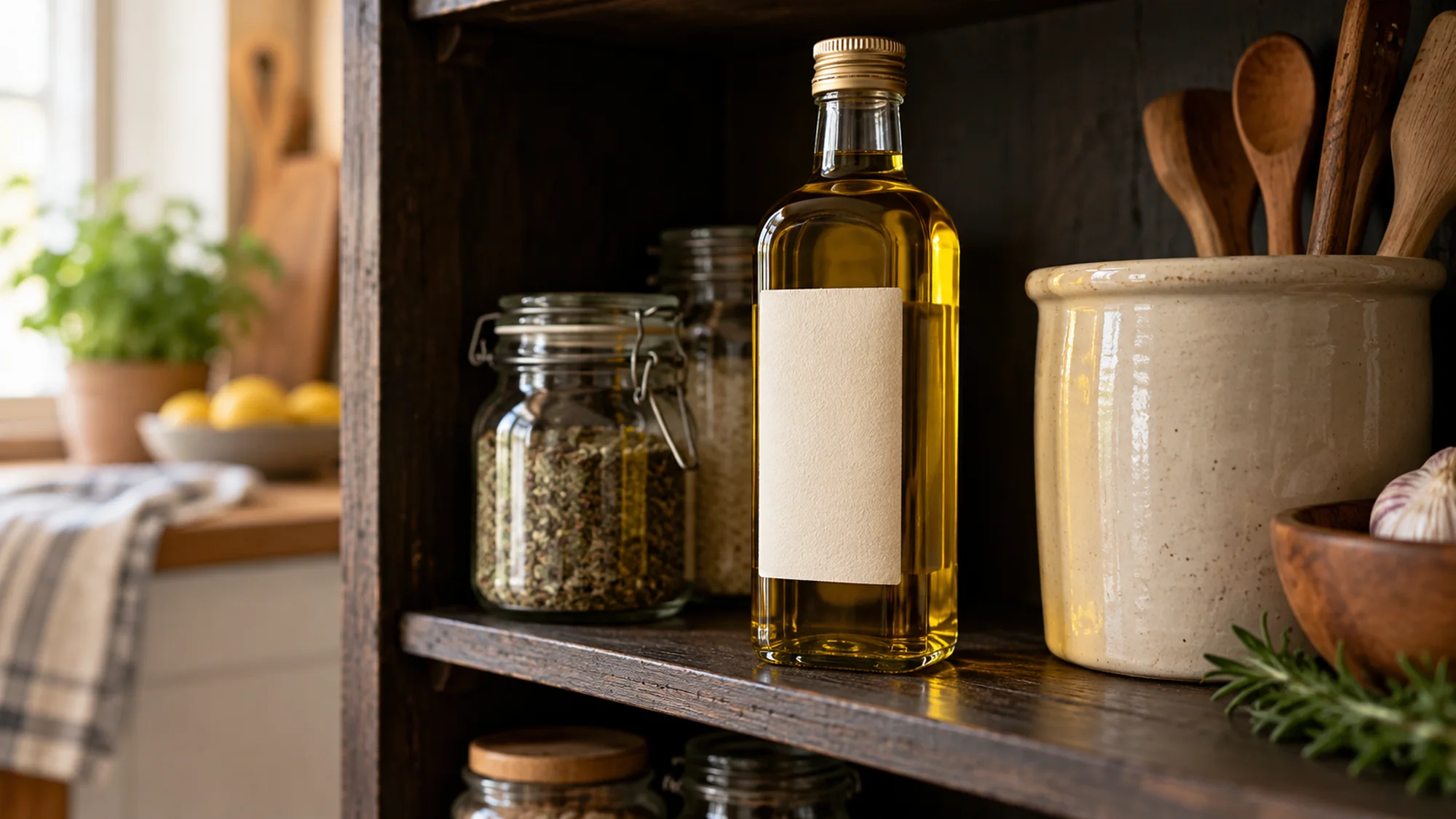 A capped culinary oil bottle stored on a pantry shelf