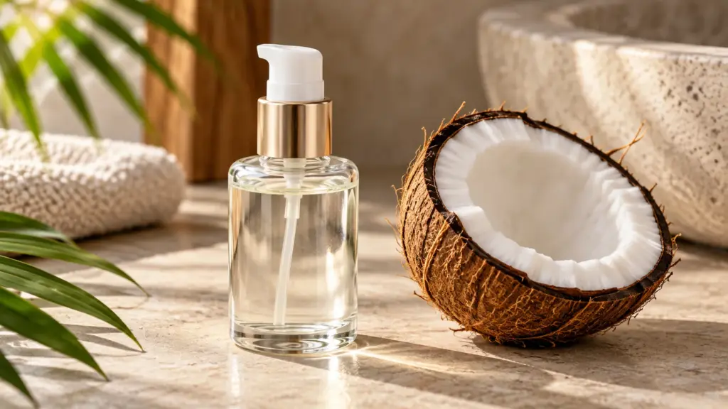 Fractionated coconut oil in a clear cosmetic pump bottle beside a coconut