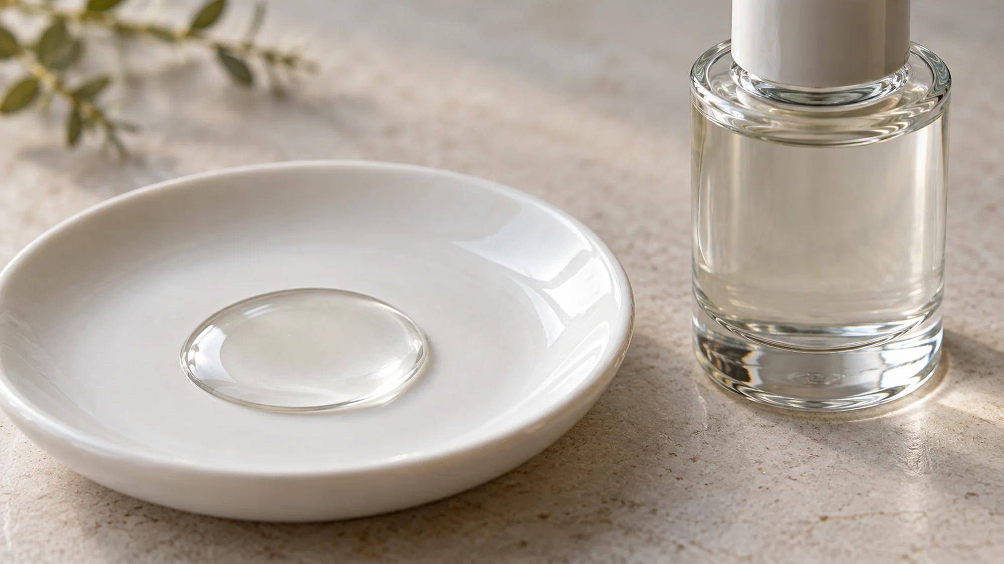 Clear fractionated coconut oil drop on a white saucer