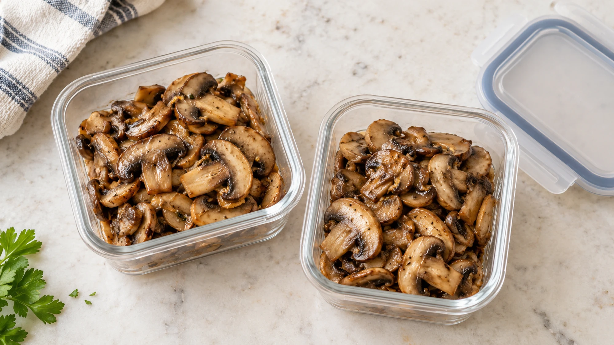 Cooked sliced mushrooms divided between two freezer-safe containers