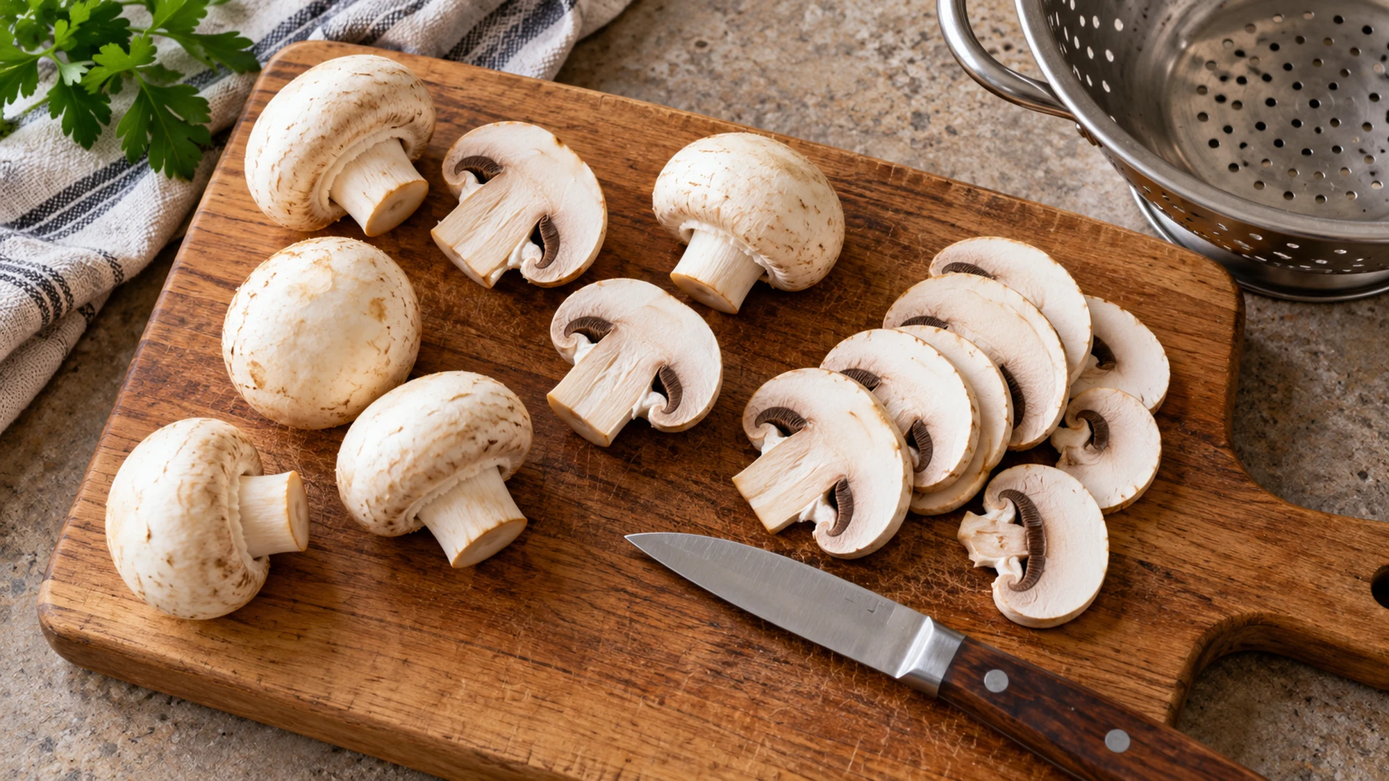 Whole, halved and sliced button mushrooms on a wooden cutting board
