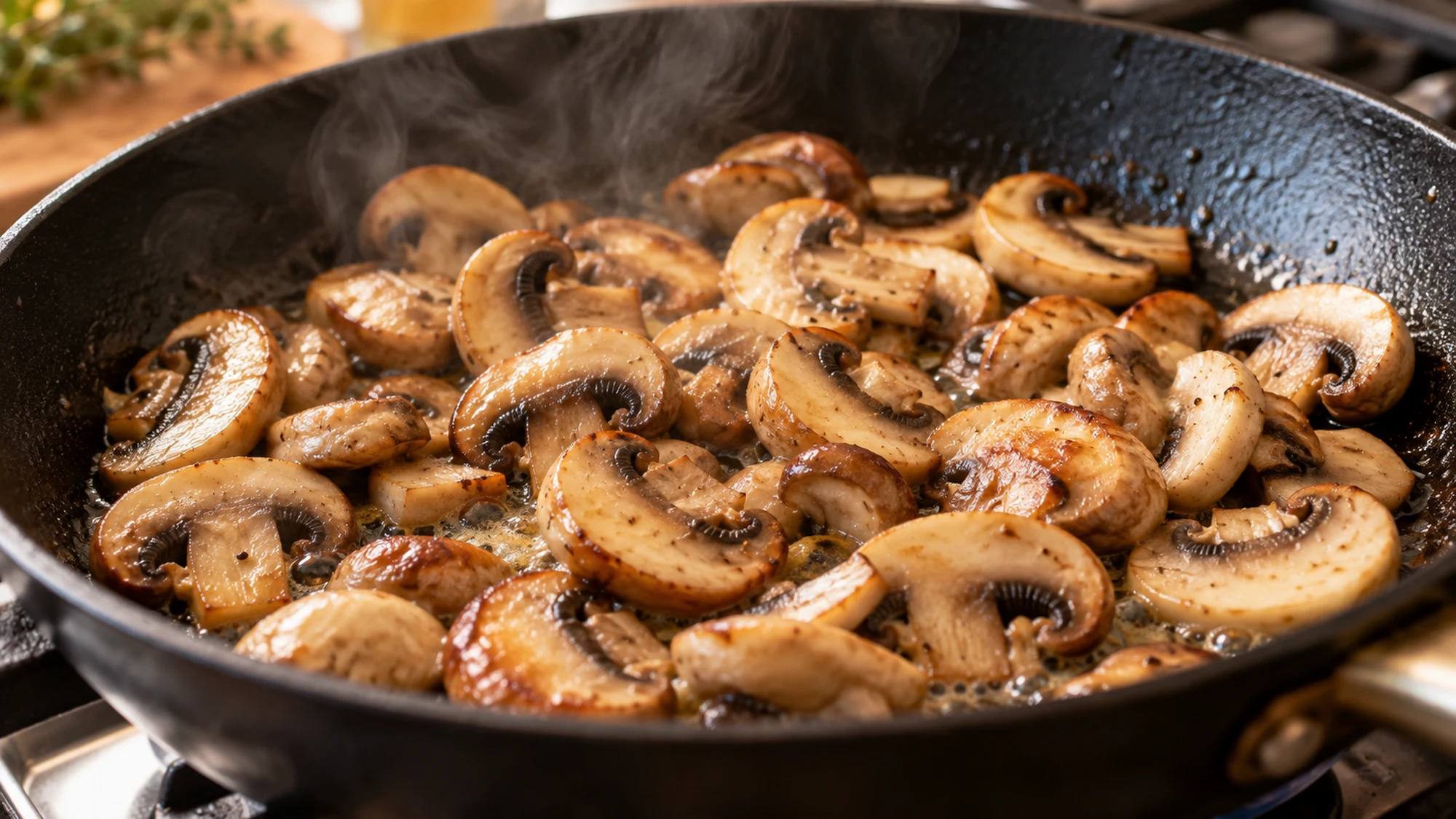 Sliced mushrooms sauteing in a skillet with a light butter sheen