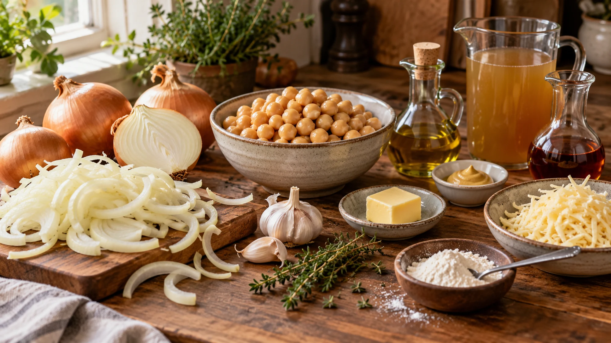 Chickpeas, onions, broth, thyme and cheese for French onion chickpeas