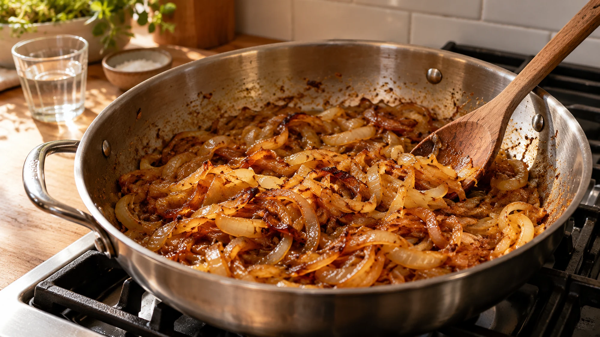 Onions browning slowly for French onion chickpeas