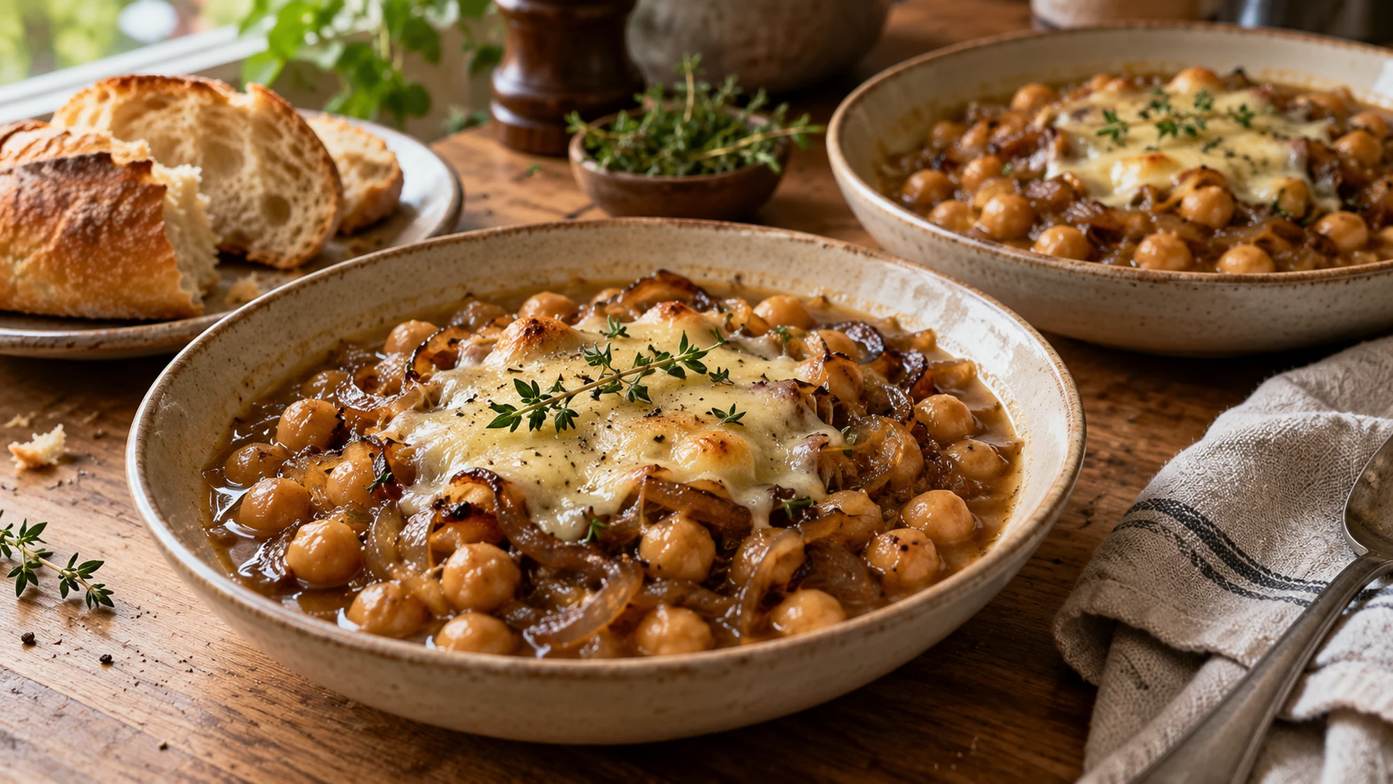 French onion chickpeas served with bread separately