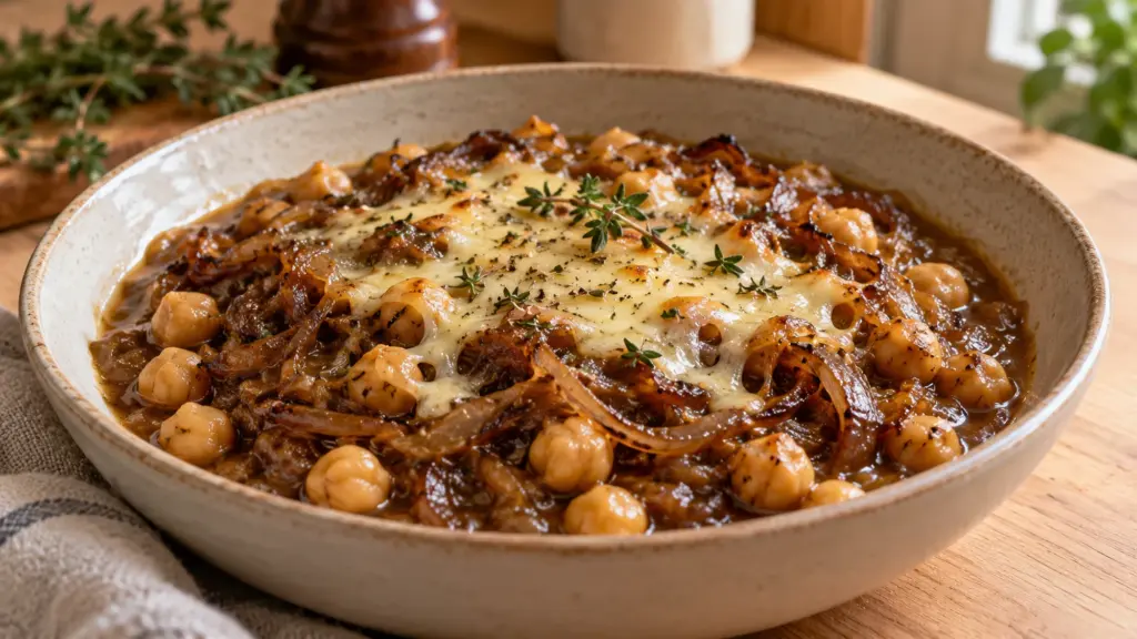 French onion chickpeas with caramelized onions and melted Gruyère