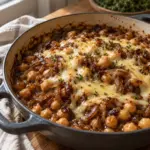 Close view of French onion chickpeas with thyme gravy and Gruyère