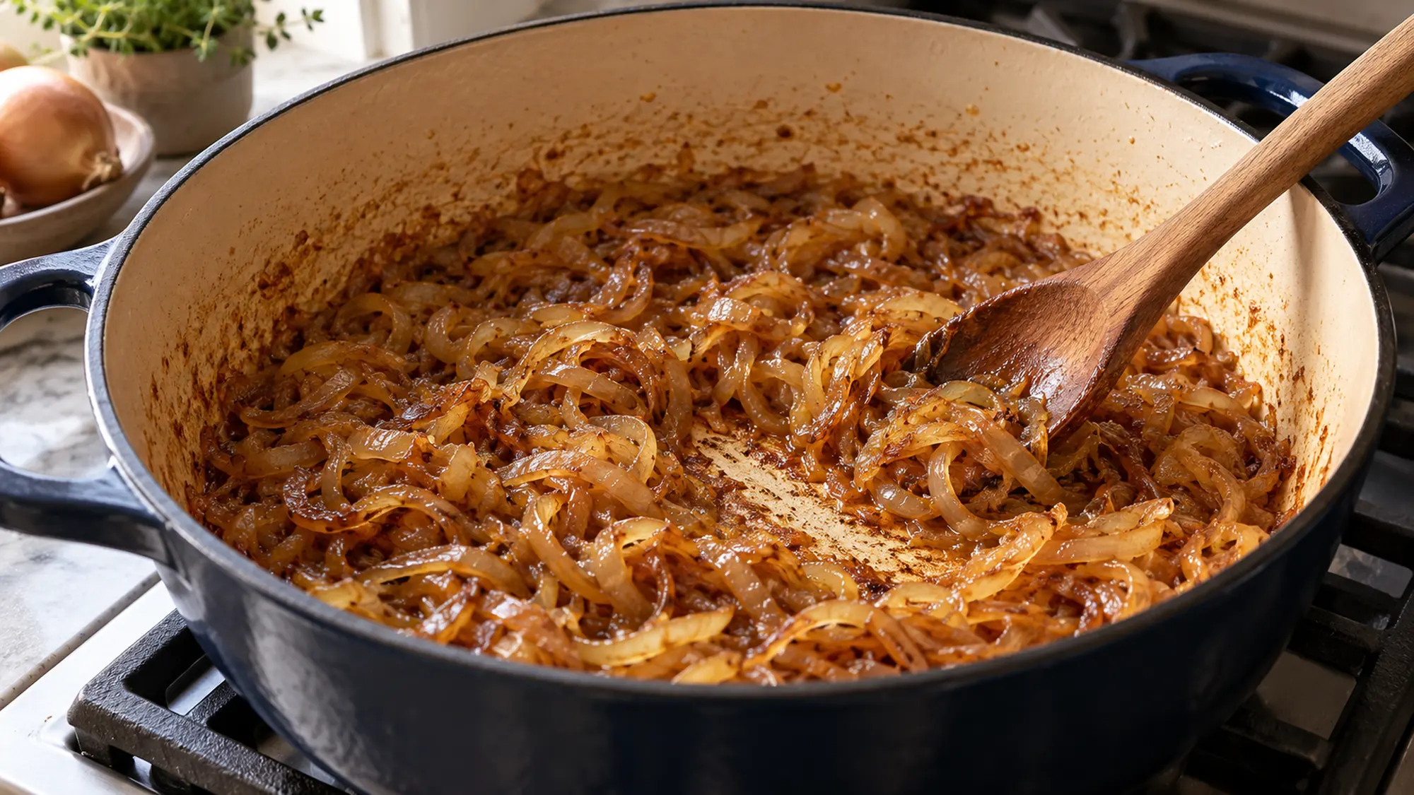 French onion pasta onions caramelizing in a heavy pot