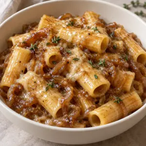 French onion pasta coated in glossy onion and Gruyère sauce