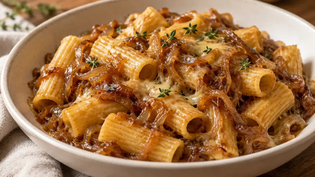 French onion pasta with caramelized onion strands and Gruyère