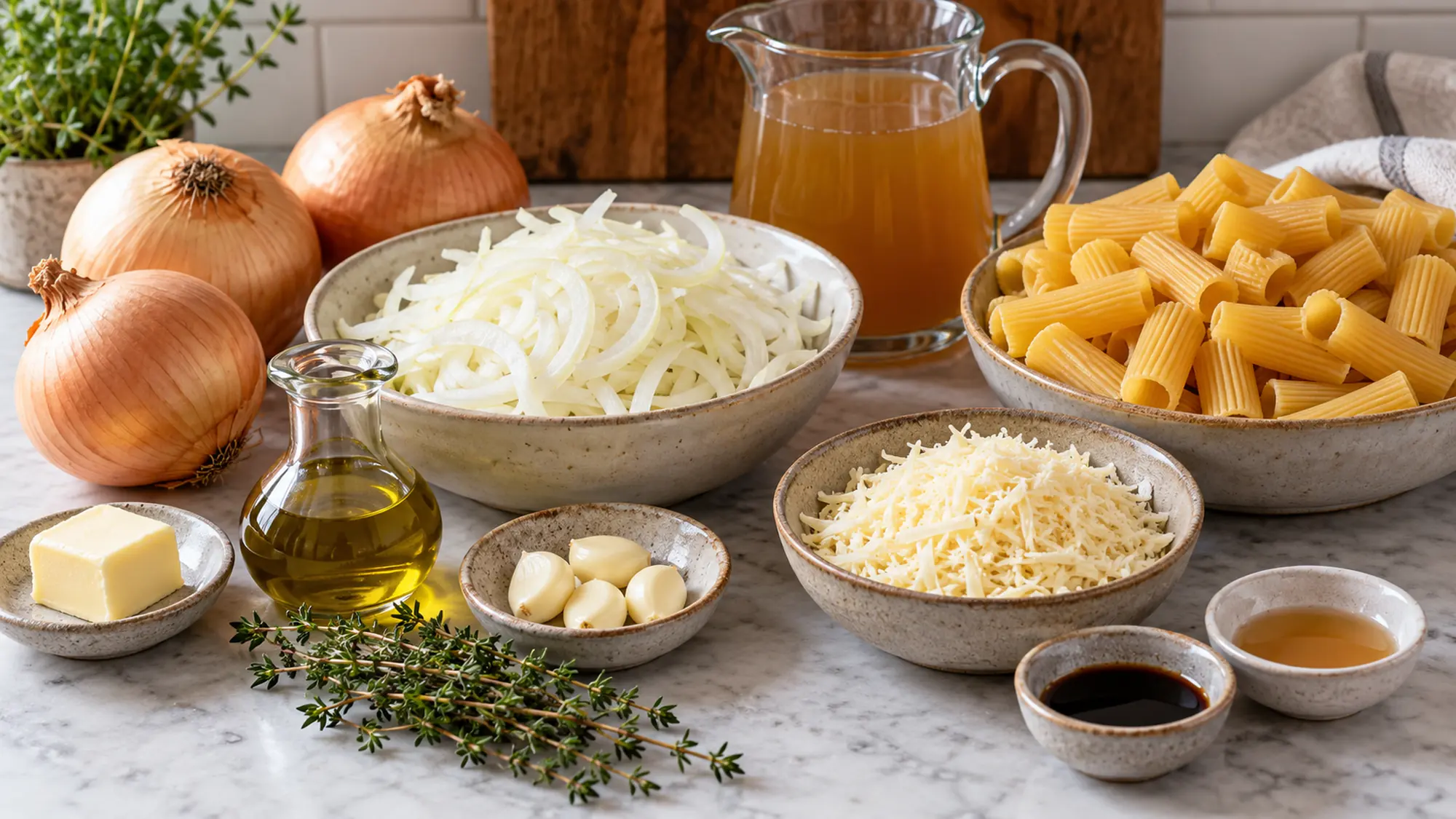 French onion pasta ingredients with rigatoni, yellow onions, broth and cheese