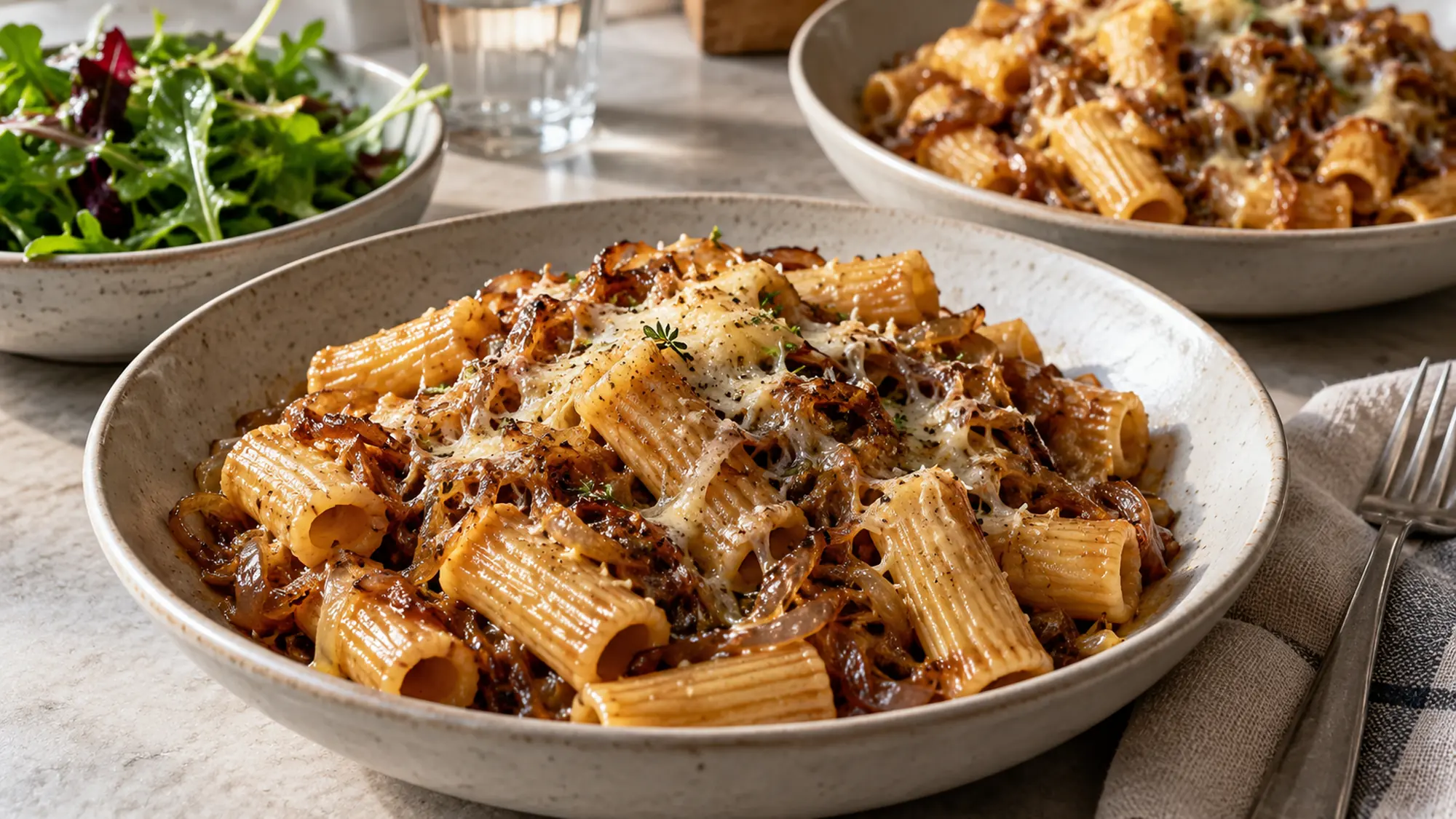 French onion pasta served in bowls beside a green salad