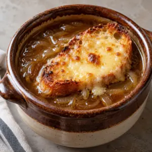 French onion soup recipe with caramelized onions and melted cheese toast