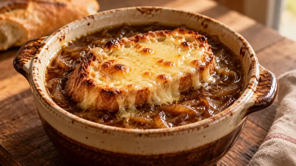 French onion soup recipe with a golden Gruyère toast